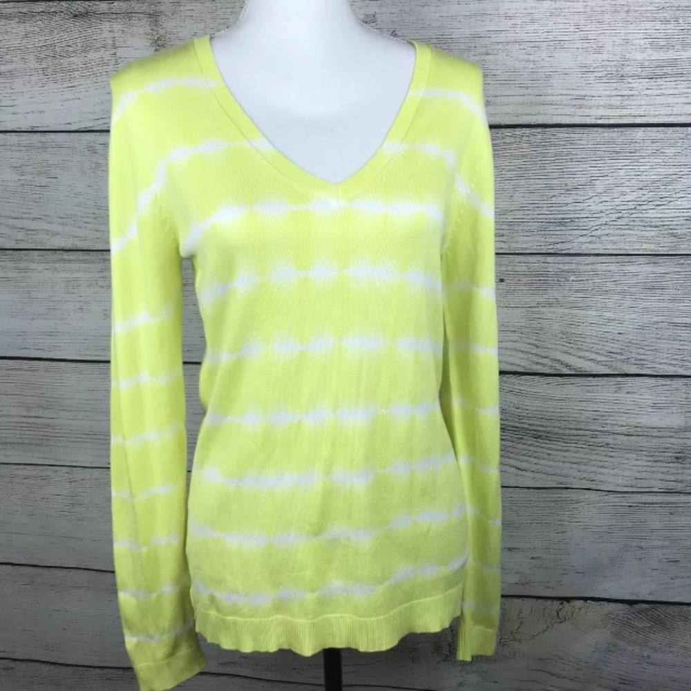 NWT Boston Proper tie dye long sleeve v-neck knit sweater top yellow and white